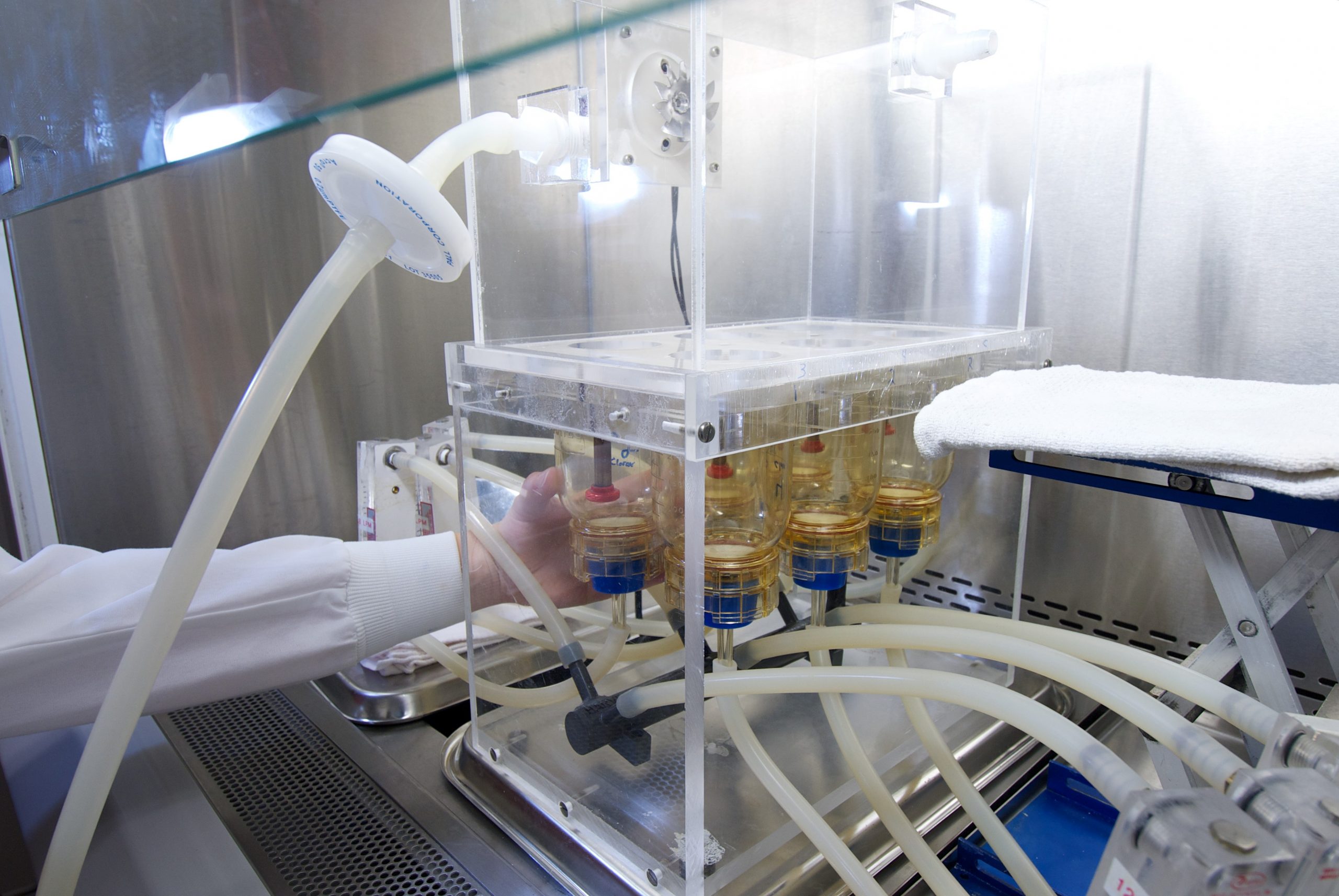 Laboratory technician wearing protective gear working with test tubes and scientific equipment in a cleanroom environment at Nelson Labs.